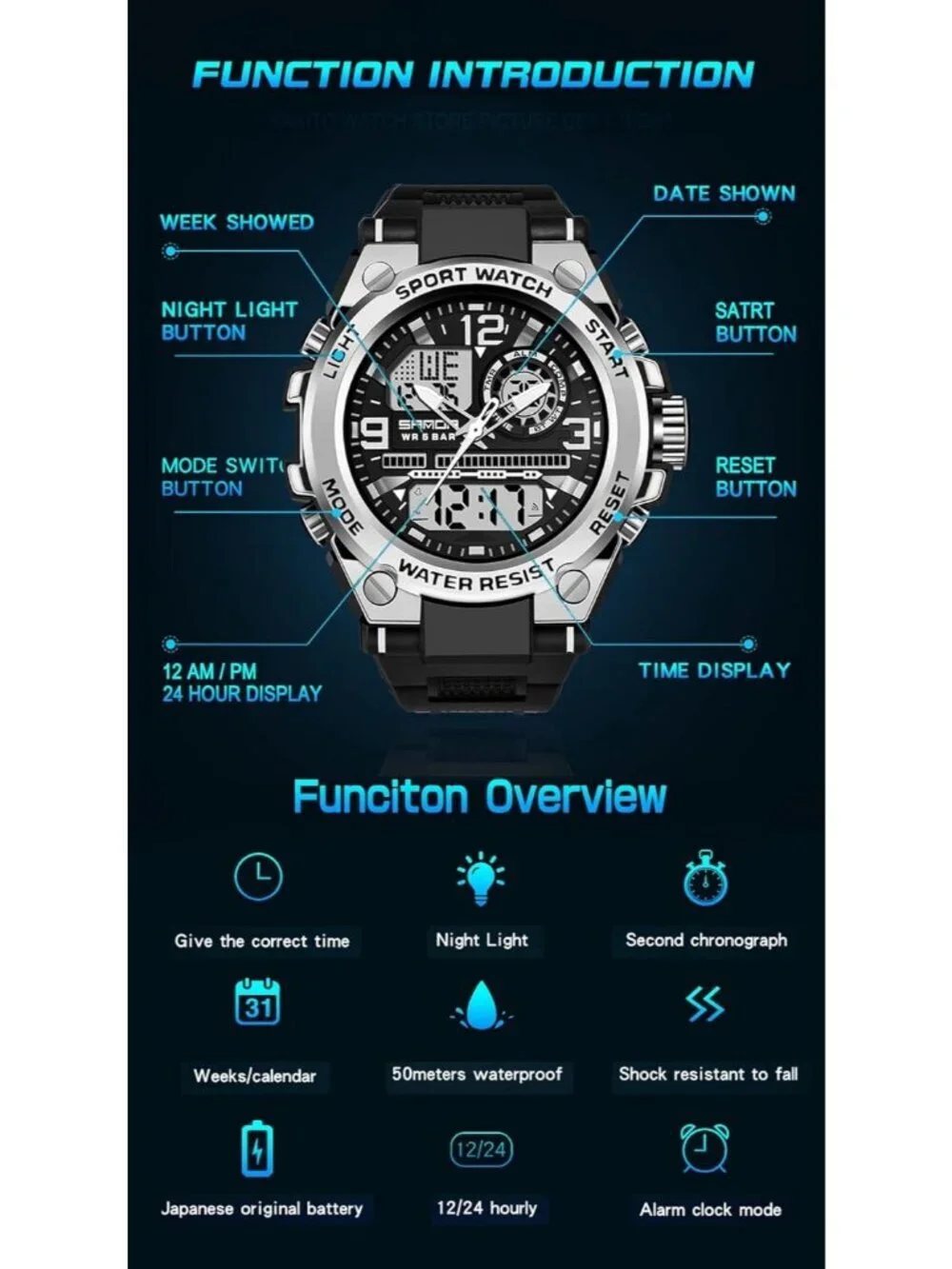 Men's Black And Silver Analog Quartz Sport Waterproof Military LED Digital Watch